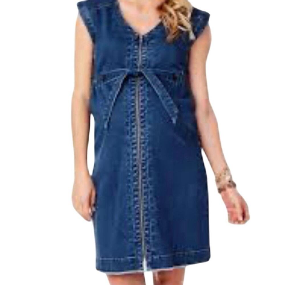 Maternity Blue Denim Jumper Dress Ingrid & Isabel Sash Stretch Womens Large EUC